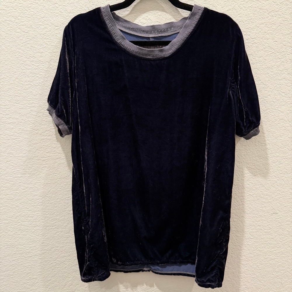 Johnny Was Navy Blue Silk Blend Velvet T-Shirt Ribbed Trim P13818-6 Womens M